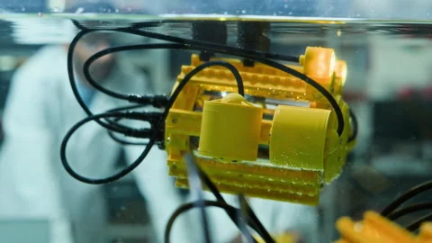 Diverse Engineers Testing Yellow Underwater Robot in Lab Tank Stock Footage 343516751