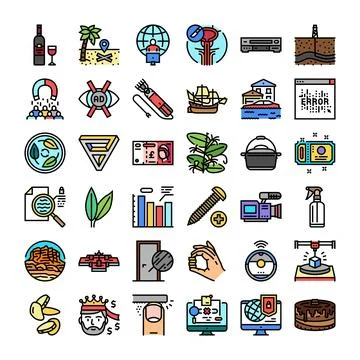 Diverse everyday objects, science, and technology icons set Illustrazione stock