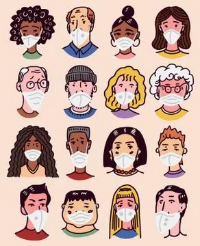 Diverse faces of people set. Human Avatars in surgical masks for Safety. Mens Ilustración de archivo