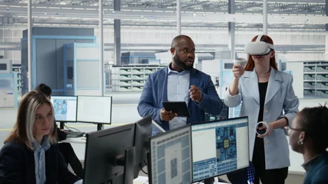 Diverse factory engineering team reviewing microchip production with VR goggles Stock Footage 335880230
