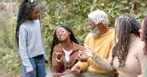 Diverse family sampling nuts on log bench after sister cracking open nut in Stock Footage 317965321