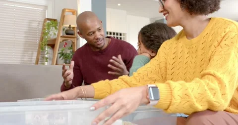 Diverse family teaching recycling, sorting into plastic, paper and glass bins at Stock Footage 344339435