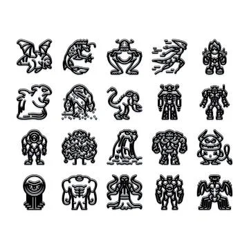 Diverse fantasy creatures and sci fi monster icons Stock Illustration