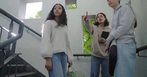 Diverse female students walking up school stairs, middle student pointing with Stock Footage 340898462
