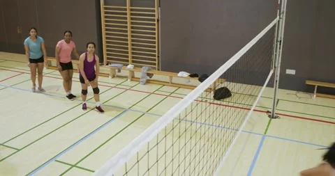 Diverse female teammates practicing running and jumping at volleyball net in gym Stock Footage 344850302