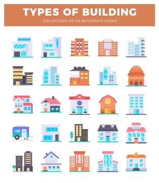 Diverse flat building icons on a white background. Ilustración de archivo