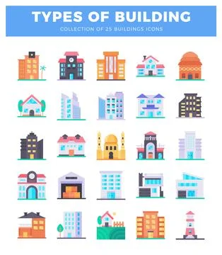 A diverse flat icon buildings arranged in a grid on a white background. Ilustración de archivo
