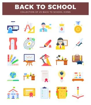 A diverse flat icon illustrations depicting school supplies and educational.. Stock Illustration