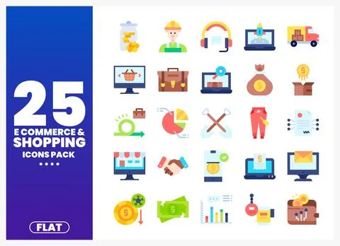 Diverse flat icons represent e-commerce and shopping concepts. including mo.. Stock Illustration