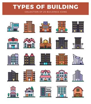 Diverse flat icons representing various building types on a white background. Ilustración de archivo