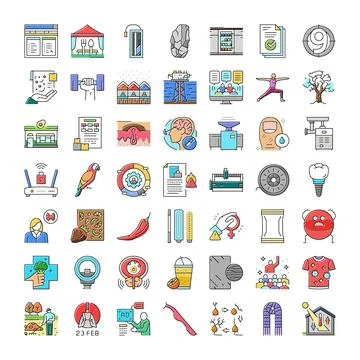 Diverse flat line icon collection representing various concepts Illustrazione stock