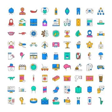 Diverse flat line icons set illustrating various concepts Stock Illustration
