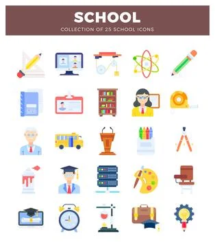 Diverse flat school icons in a grid layout on a white background. Stock Illustration