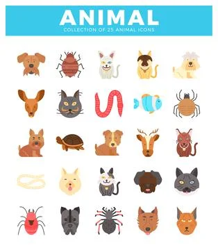 A diverse flat vector animal icons presented on a white background. Vector .. Illustrazione stock