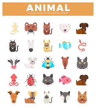 Diverse flat vector animal icons on white background.. Stock Illustration