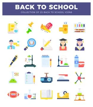 A diverse flat vector icons representing school and education elements. set.. Stock Illustration