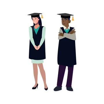 Diverse Flat Vector Illustration of Two Smiling University Graduates Ilustração Stock