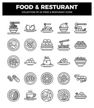 Diverse food and restaurant icons on white background. illustrated culinary.. Stock Illustration