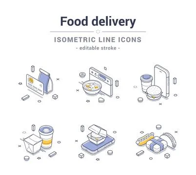 Diverse food delivery elements represented as isometric line icons, illustrat イラスト素材