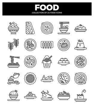 Diverse food icons with culinary elements in a clean white background. Food.. 스톡 일러스트