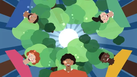 Diverse friends animation looking up tree canopy sunlight green blue loop Stock Footage 346547092