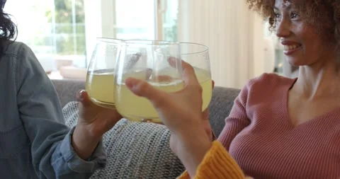Diverse friends lifting lemonade, toasting friendship, clinking glasses before Stock Footage 342018734