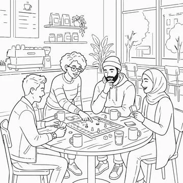Diverse friends playing board game at coffee shop, illustration Silhouette Stock Illustration