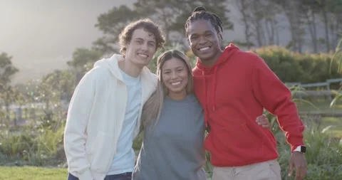 Diverse friends posing for portrait after photographer cue, leaning in on park Stock Footage 346180063
