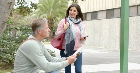 Diverse friends reading brochure on bench when woman calling out, tapping Stock Footage 343366052