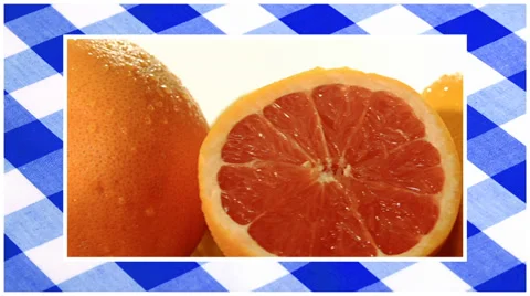 Diverse fruits edited sequence over blue tablecloth background 스톡 동영상 34699674