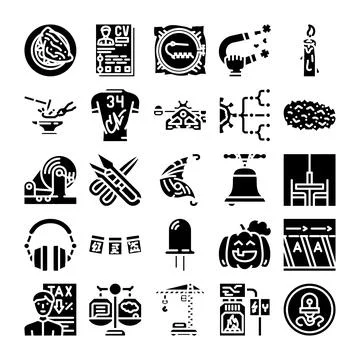 Diverse glyph collection representing various concepts and objects Stock Illustration