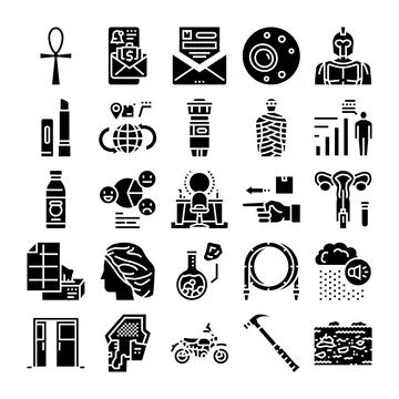 Diverse glyph collection representing various concepts and objects Illustrazione stock