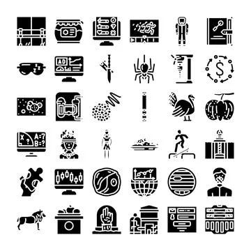Diverse glyph icon collection representing various concepts and themes 스톡 일러스트