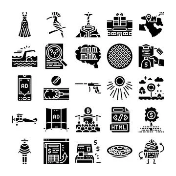 Diverse glyph icon collection representing various concepts Stock Illustration