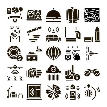 Diverse glyph icon set representing concepts and themes Stock Illustration