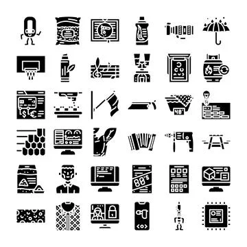 Diverse glyph icons representing various objects and concepts Illustrazione stock