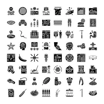 Diverse glyph icons visualizing global business finance technology Stock Illustration