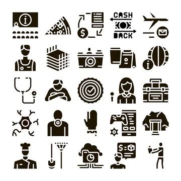 Diverse glyph items collection representing business and healthcare Ilustración de archivo