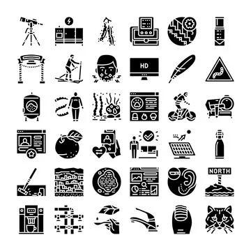 Diverse glyphs collection presenting various activities and concepts Stock Illustration