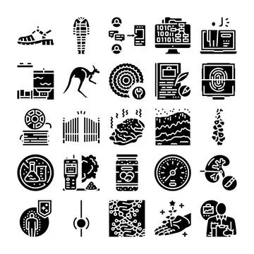 Diverse glyphs representing data, science, and technology concepts Stock Illustration