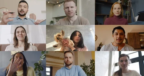 Diverse group of 9 colleagues working from home having a video conference call Video stock 128367378