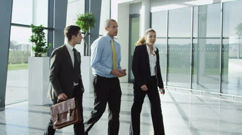 Diverse group of business people in a light and modern office building Stock Footage