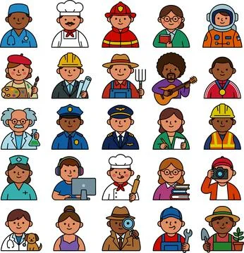 Diverse group of cartoon characters representing various professions and oc.. 스톡 일러스트