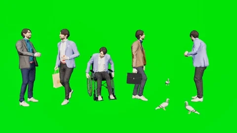 A diverse group of casual men interacting with pigeons and walking isolated Video stock 329597262