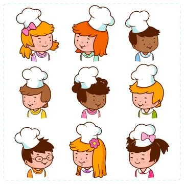 Diverse group of children chefs. Set of children avatars with cooking hats. Stock Illustration