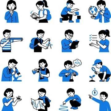 Diverse Group of Children Engaged in Various Educational and Scientific Act.. Stock Illustration