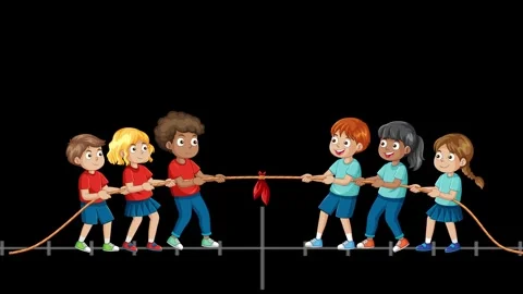 Diverse Group of Children Playing Tug of War on Black Background Stock Footage 331835378