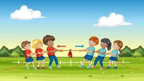 Diverse Group of Children Playing Tug of War in a Park Stock Illustration
