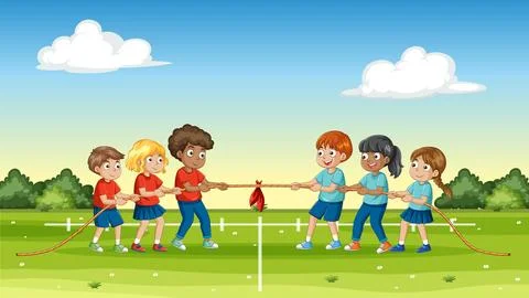 Diverse Group of Children Playing Tug of War in a Sunny Park Stock Illustration