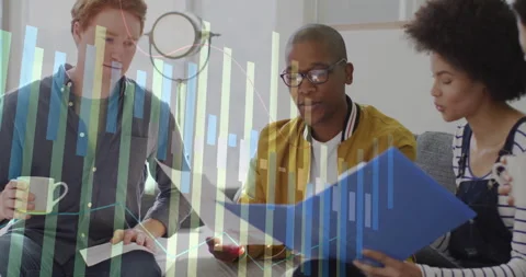 Diverse group discussing documents with financial data processing animation Stock Footage 303647929